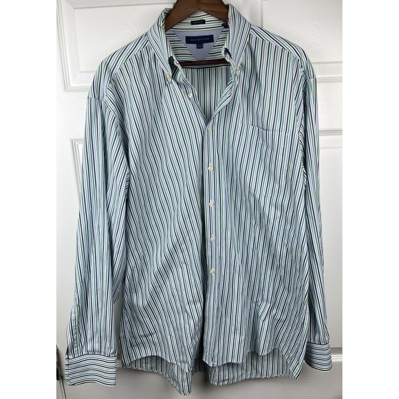 Tommy Hilfiger Shirt Mens 17.5 34/35 Green Blue Stripe Button Down Regular Fit - Picture 2 of 7